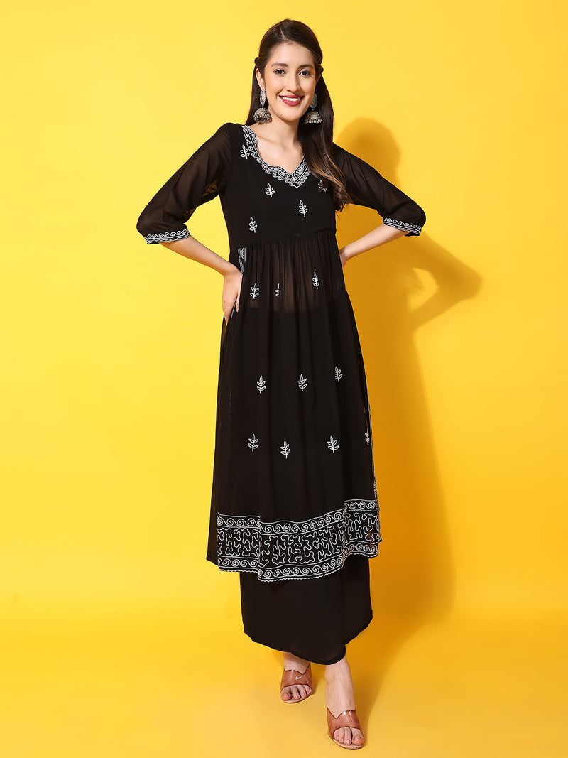 Poshak Hub Women Black georgette Aari work A-Line Kurta with Sharara