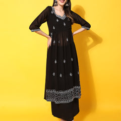 Poshak Hub Women Black georgette Aari work A-Line Kurta with Sharara