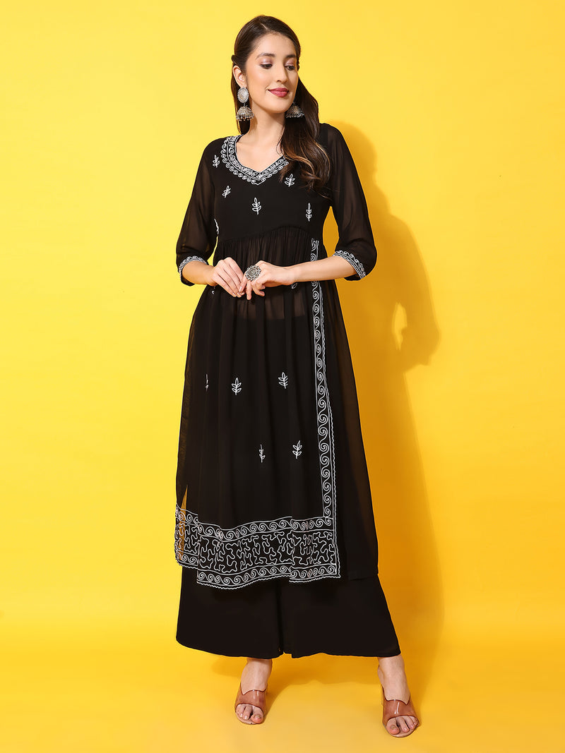 Poshak Hub Women Black georgette Aari work A-Line Kurta with Sharara