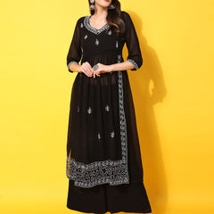 Poshak Hub Women Black georgette Aari work A-Line Kurta with Sharara