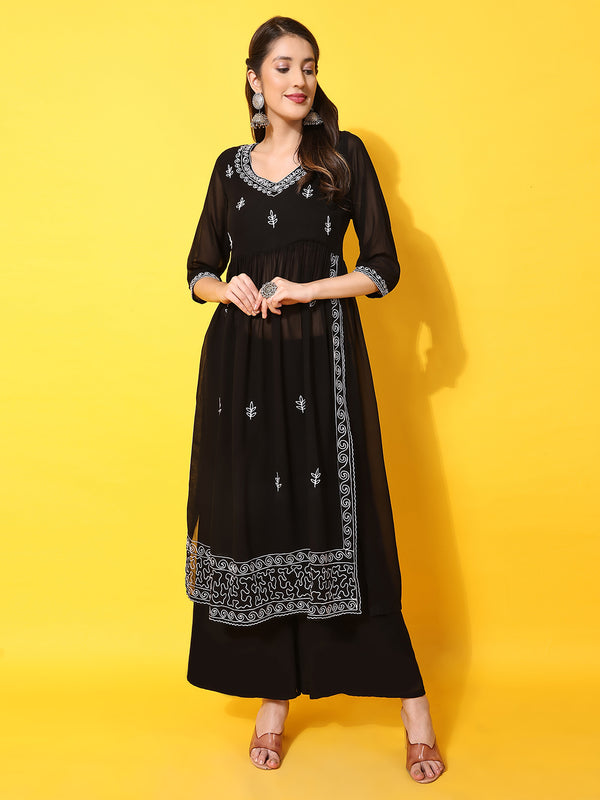 Poshak Hub Women Black georgette Aari work A-Line Kurta with Sharara