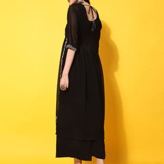 Poshak Hub Women Black georgette Aari work A-Line Kurta with Sharara