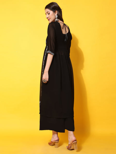 Poshak Hub Women Black georgette Aari work A-Line Kurta with Sharara