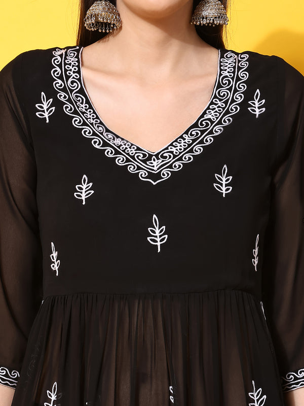 Poshak Hub Women Black georgette Aari work A-Line Kurta with Sharara