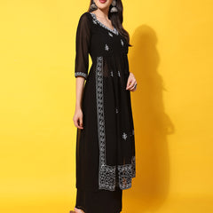 Poshak Hub Women Black georgette Aari work A-Line Kurta with Sharara