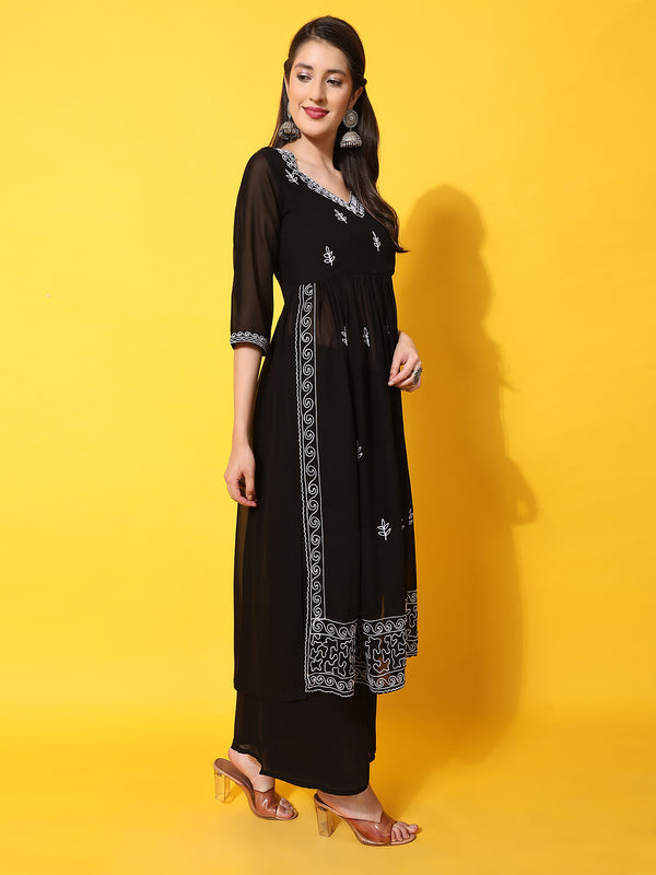 Poshak Hub Women Black georgette Aari work A-Line Kurta with Sharara