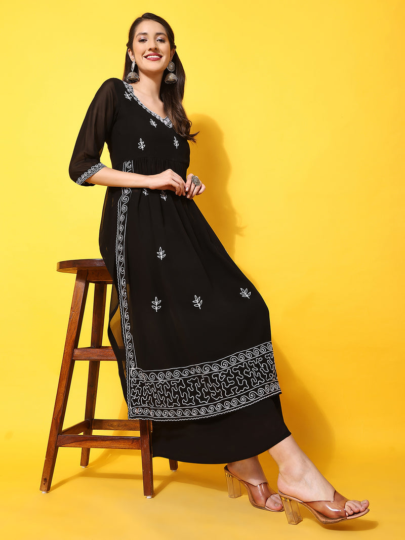 Poshak Hub Women Black georgette Aari work A-Line Kurta with Sharara