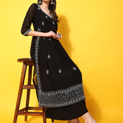 Poshak Hub Women Black georgette Aari work A-Line Kurta with Sharara