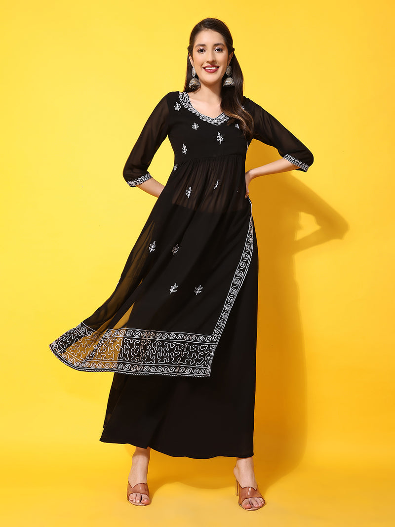 Poshak Hub Women Black georgette Aari work A-Line Kurta with Sharara