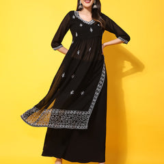Poshak Hub Women Black georgette Aari work A-Line Kurta with Sharara