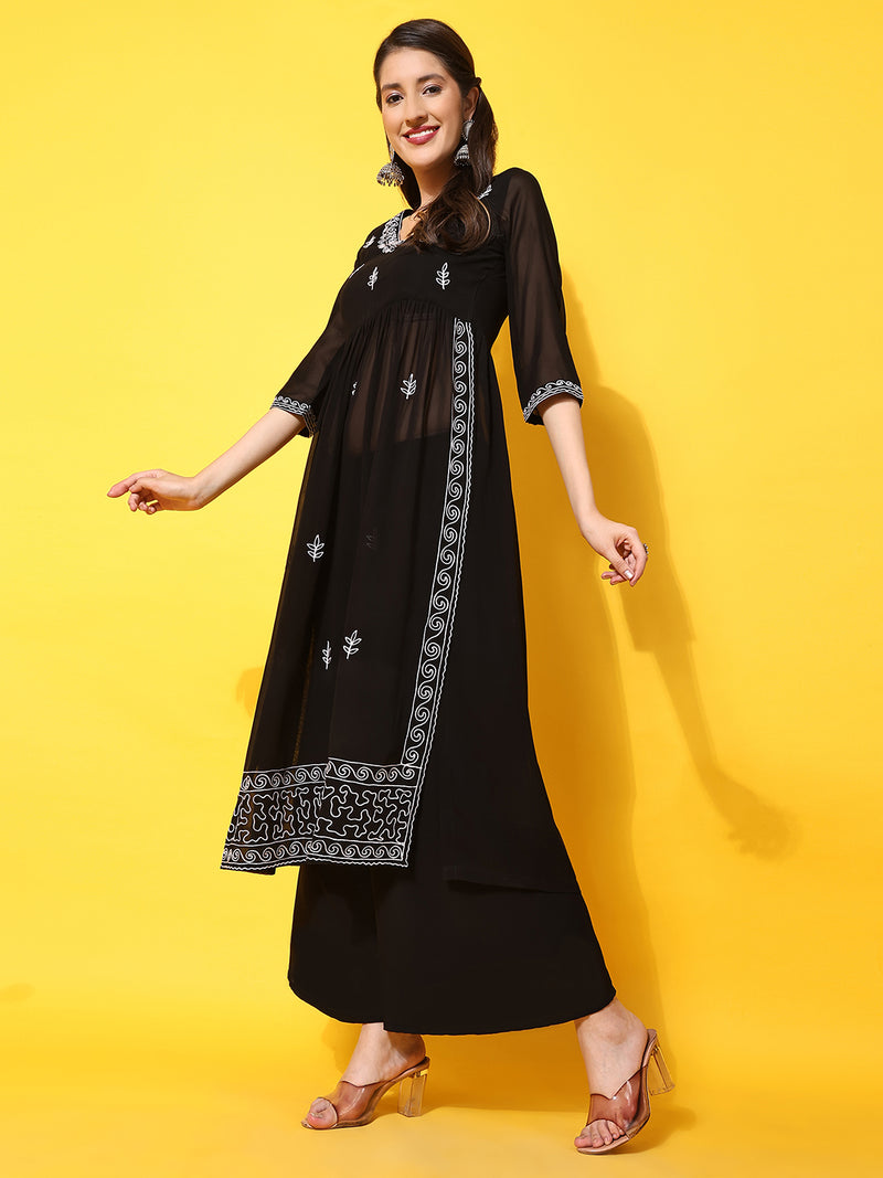 Poshak Hub Women Black georgette Aari work A-Line Kurta with Sharara