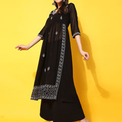 Poshak Hub Women Black georgette Aari work A-Line Kurta with Sharara