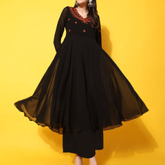 Poshak Hub Women -Black Ethnic Motifs Aari Work Georgette Anarkali Kurta