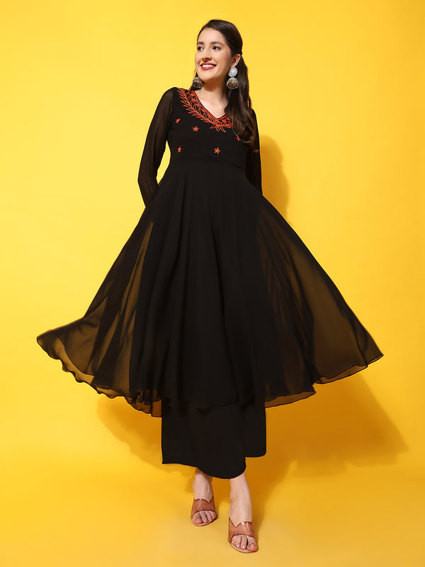 Poshak Hub Women -Black Ethnic Motifs Aari Work Georgette Anarkali Kurta