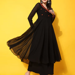 Poshak Hub Women -Black Ethnic Motifs Aari Work Georgette Anarkali Kurta