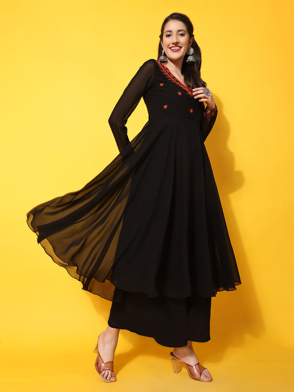Poshak Hub Women -Black Ethnic Motifs Aari Work Georgette Anarkali Kurta