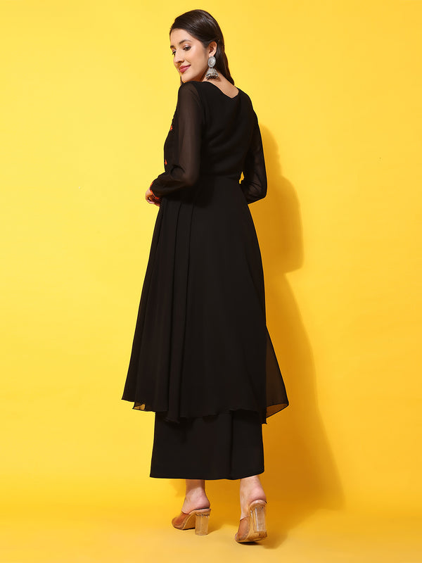 Poshak Hub Women -Black Ethnic Motifs Aari Work Georgette Anarkali Kurta