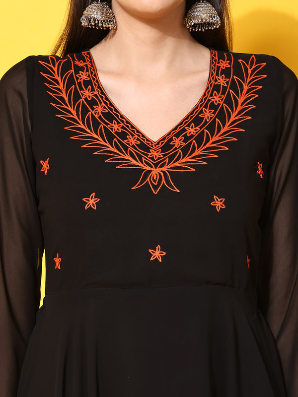 Poshak Hub Women -Black Ethnic Motifs Aari Work Georgette Anarkali Kurta