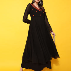 Poshak Hub Women -Black Ethnic Motifs Aari Work Georgette Anarkali Kurta
