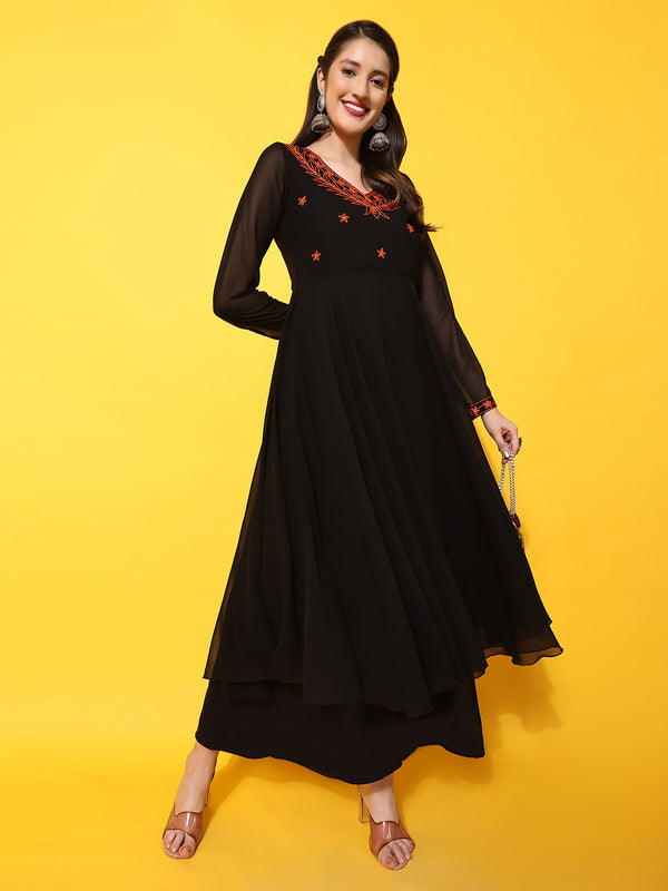 Poshak Hub Women -Black Ethnic Motifs Aari Work Georgette Anarkali Kurta