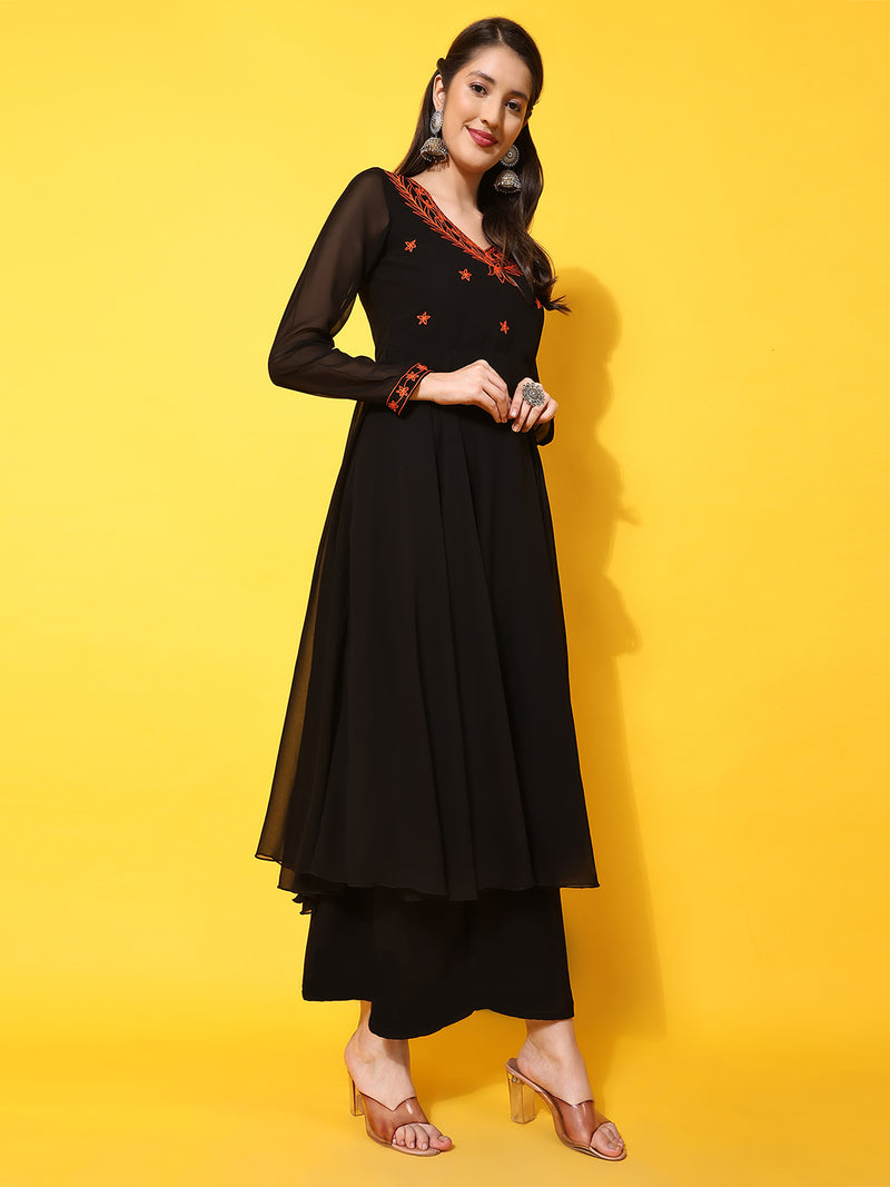 Poshak Hub Women -Black Ethnic Motifs Aari Work Georgette Anarkali Kurta