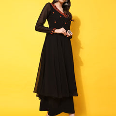 Poshak Hub Women -Black Ethnic Motifs Aari Work Georgette Anarkali Kurta
