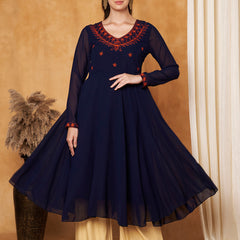 Poshak Hub Women -Blue Ethnic Motifs Aari Work Georgette Anarkali Kurta