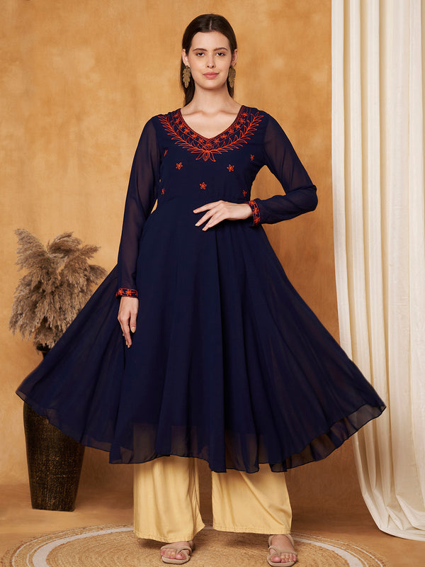 Poshak Hub Women -Blue Ethnic Motifs Aari Work Georgette Anarkali Kurta