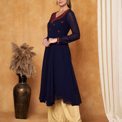 Poshak Hub Women -Blue Ethnic Motifs Aari Work Georgette Anarkali Kurta