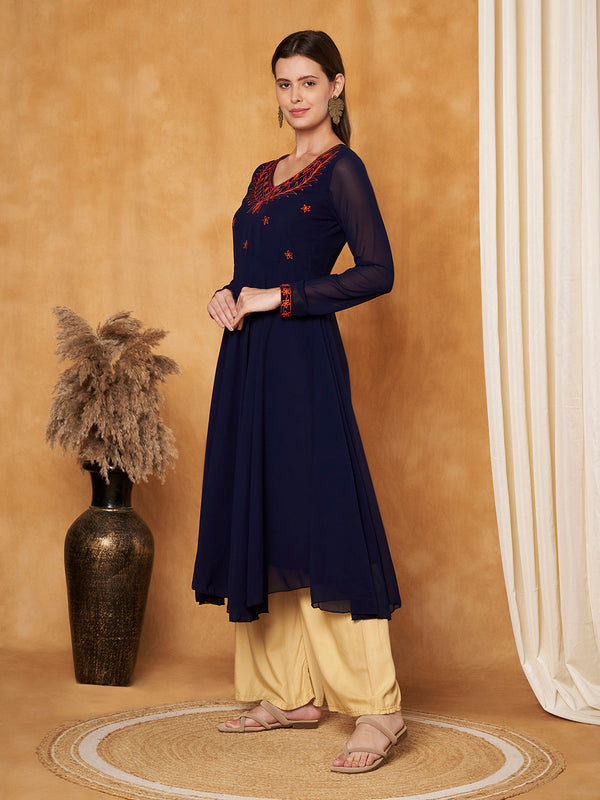 Poshak Hub Women -Blue Ethnic Motifs Aari Work Georgette Anarkali Kurta