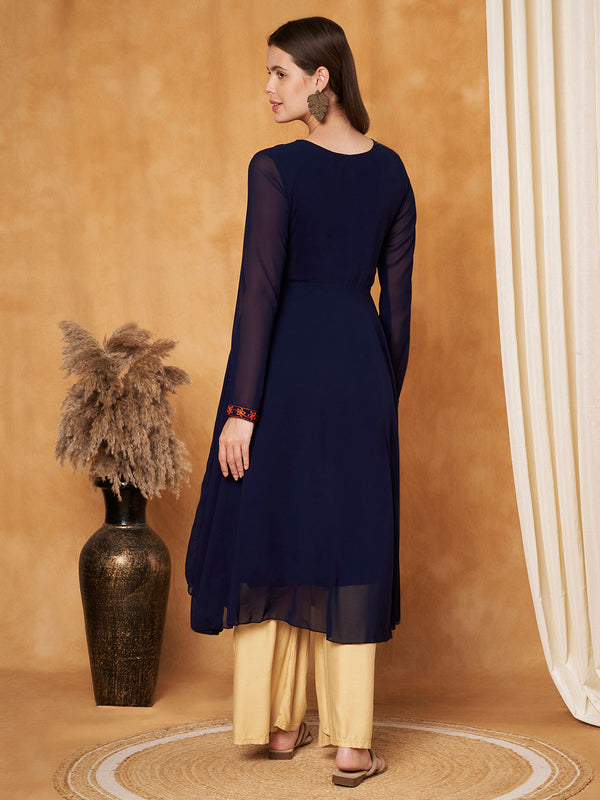 Poshak Hub Women -Blue Ethnic Motifs Aari Work Georgette Anarkali Kurta