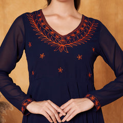 Poshak Hub Women -Blue Ethnic Motifs Aari Work Georgette Anarkali Kurta
