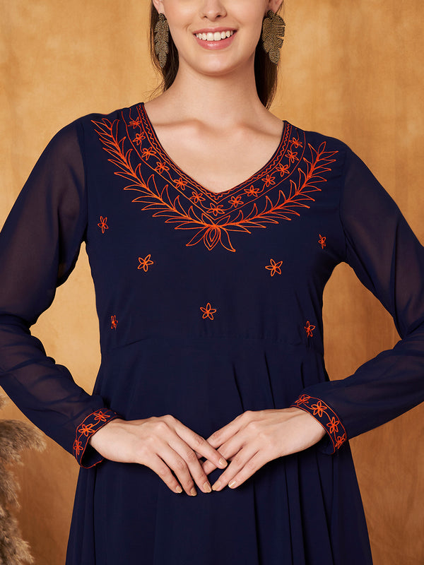 Poshak Hub Women -Blue Ethnic Motifs Aari Work Georgette Anarkali Kurta