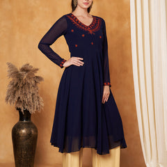 Poshak Hub Women -Blue Ethnic Motifs Aari Work Georgette Anarkali Kurta
