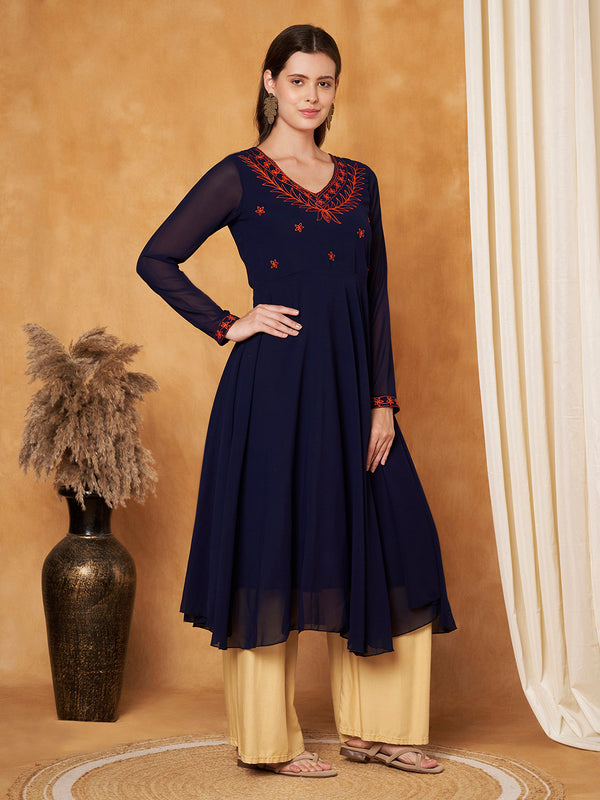 Poshak Hub Women -Blue Ethnic Motifs Aari Work Georgette Anarkali Kurta