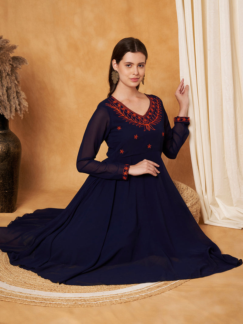 Poshak Hub Women -Blue Ethnic Motifs Aari Work Georgette Anarkali Kurta