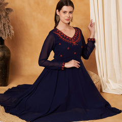 Poshak Hub Women -Blue Ethnic Motifs Aari Work Georgette Anarkali Kurta