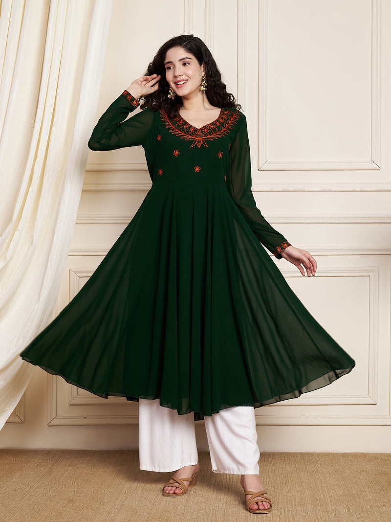 Poshak Hub Women Green Ethnic Motifs Aari Work Georgette Anarkali Kurta