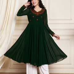 Poshak Hub Women Green Ethnic Motifs Aari Work Georgette Anarkali Kurta