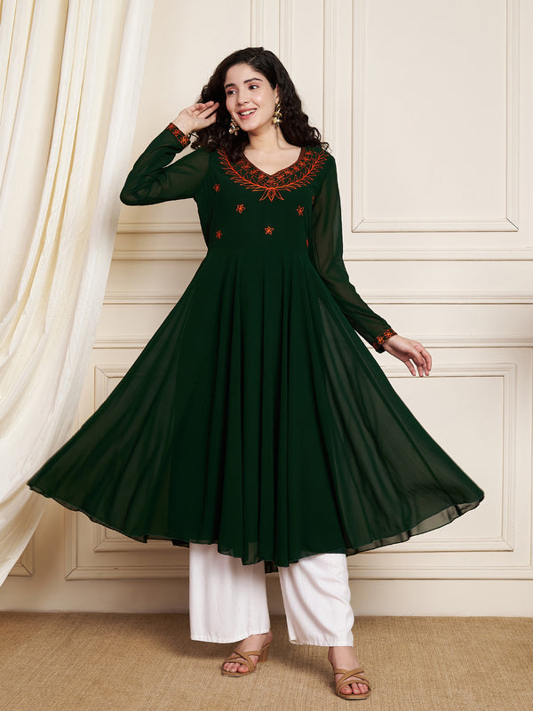 Poshak Hub Women Green Ethnic Motifs Aari Work Georgette Anarkali Kurta
