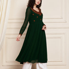 Poshak Hub Women Green Ethnic Motifs Aari Work Georgette Anarkali Kurta