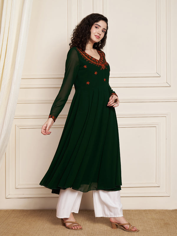 Poshak Hub Women Green Ethnic Motifs Aari Work Georgette Anarkali Kurta