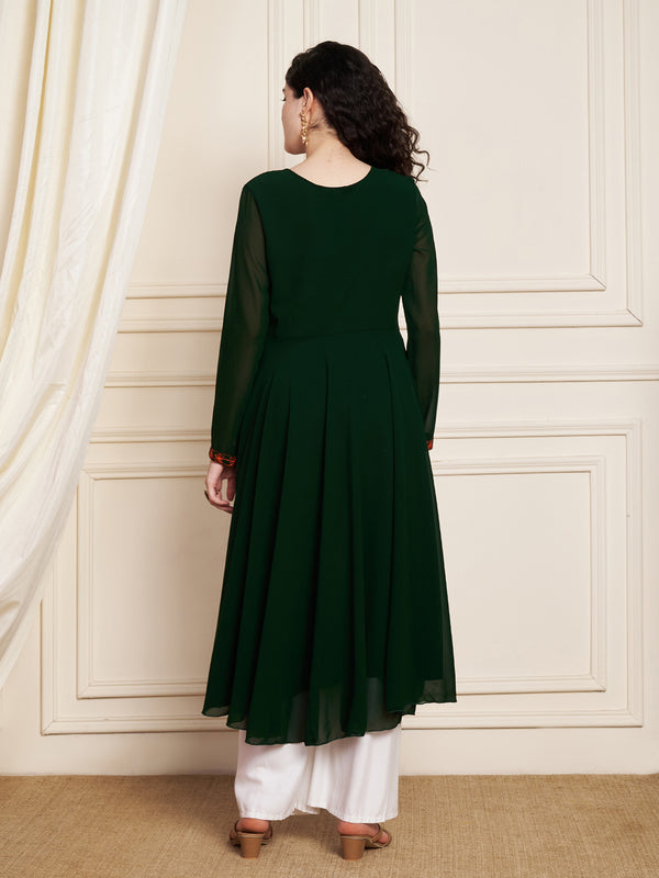 Poshak Hub Women Green Ethnic Motifs Aari Work Georgette Anarkali Kurta