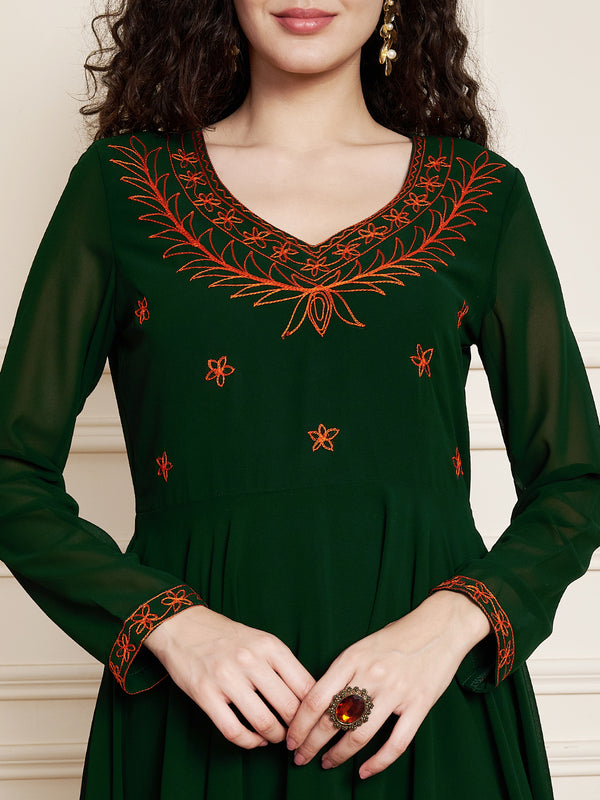 Poshak Hub Women Green Ethnic Motifs Aari Work Georgette Anarkali Kurta