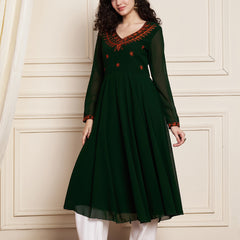 Poshak Hub Women Green Ethnic Motifs Aari Work Georgette Anarkali Kurta