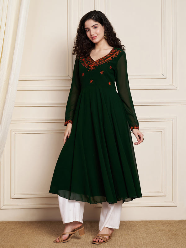 Poshak Hub Women Green Ethnic Motifs Aari Work Georgette Anarkali Kurta
