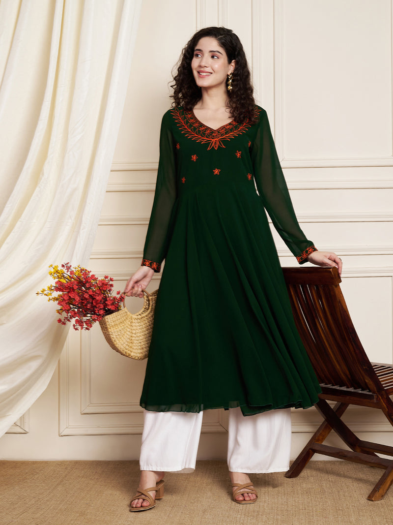Poshak Hub Women Green Ethnic Motifs Aari Work Georgette Anarkali Kurta