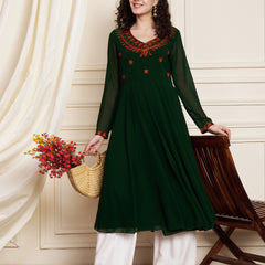 Poshak Hub Women Green Ethnic Motifs Aari Work Georgette Anarkali Kurta