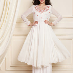 Poshak Hub Women Off-White Ethnic Motifs Aari Work Georgette Anarkali Kurta