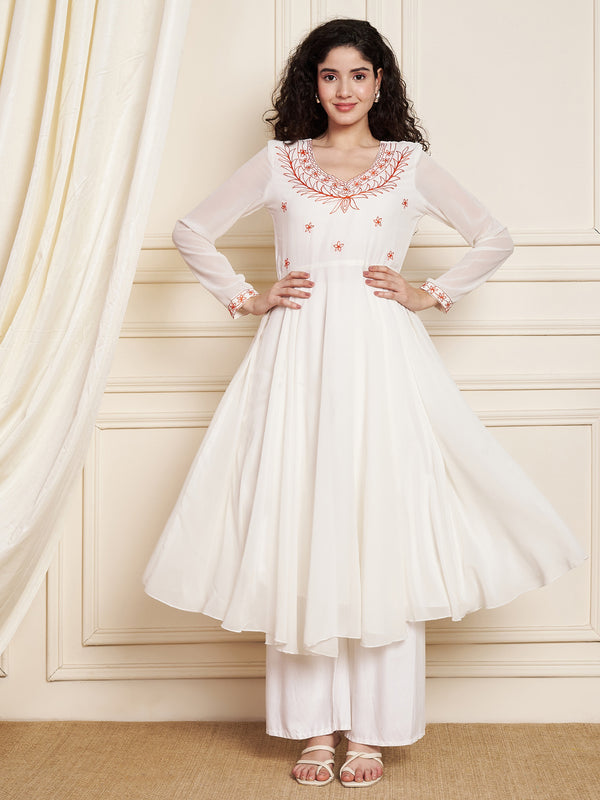 Poshak Hub Women Off-White Ethnic Motifs Aari Work Georgette Anarkali Kurta
